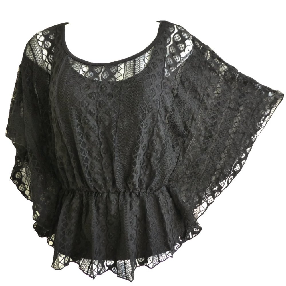 Vintage Julia Black Lace Butterfly Batwing Top Geo Scoop Neck Elastic Waist USA